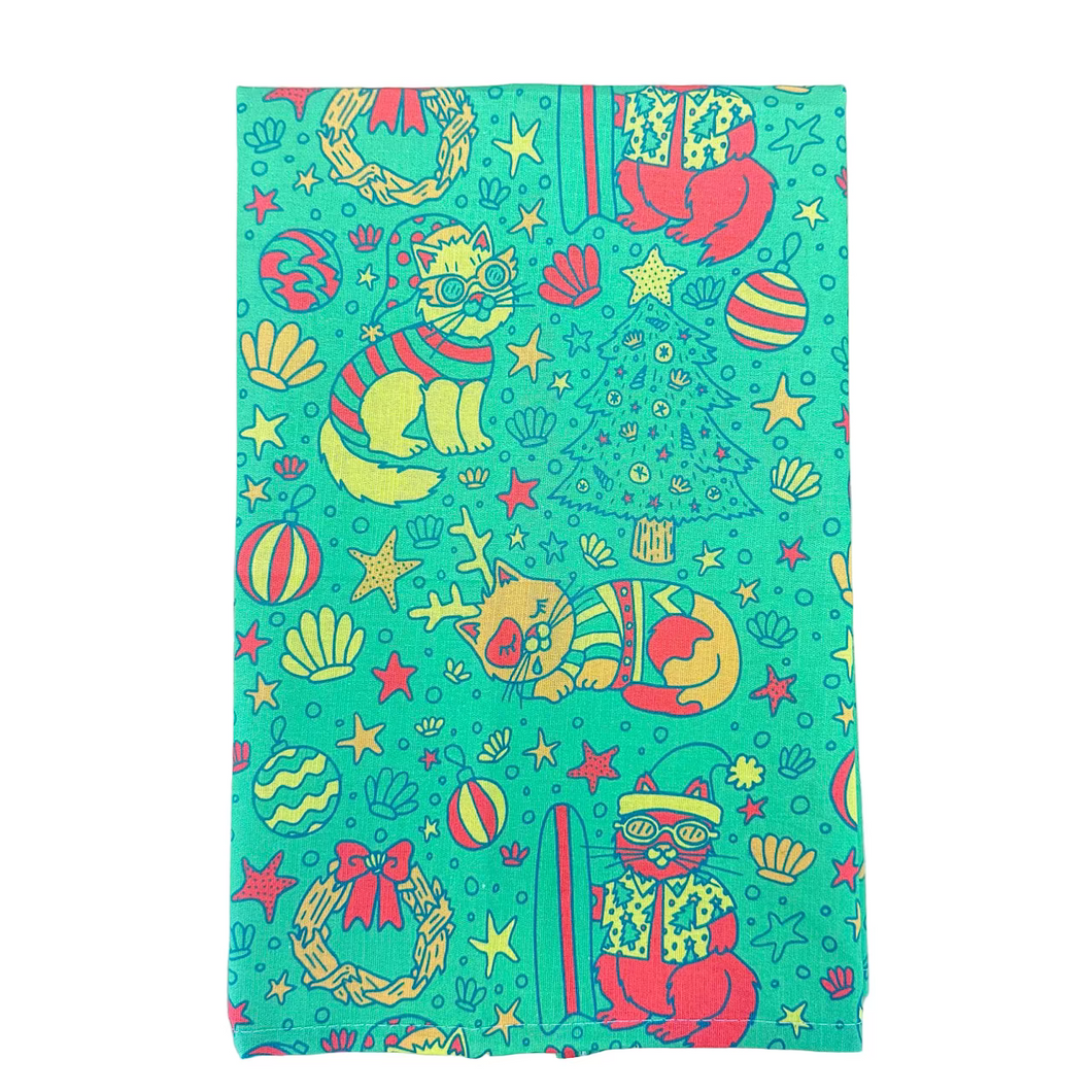 Coastal Christmas Kitty Tea Towel