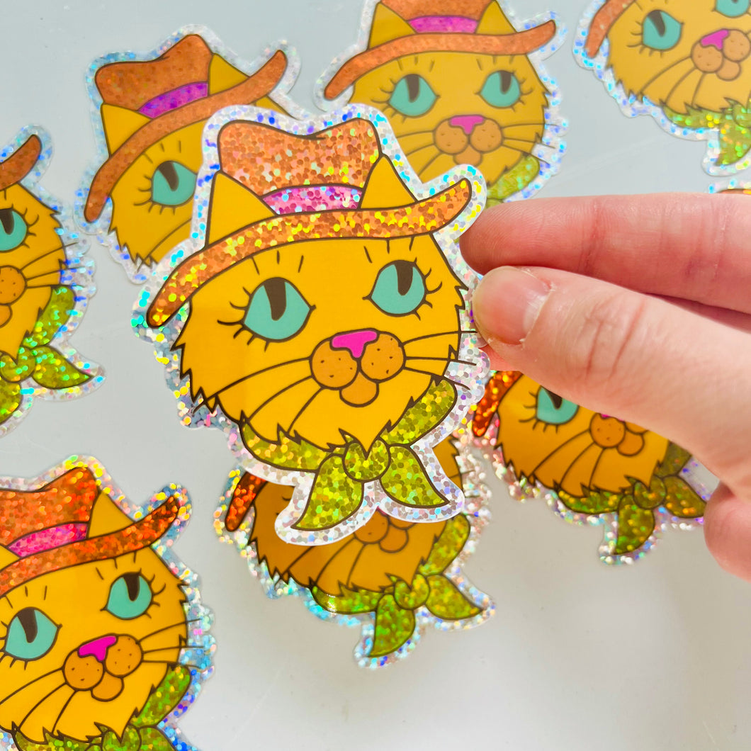Cowboy Cat Glitter Sticker